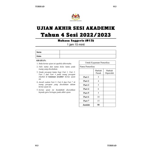 UASA Bahasa Inggeris (SJKC) (Tahun 4) Sesi 2022 / 2023 (013) UASA Bahasa Inggeris (SJKC) (Tahun 4) Sesi 2022 / 2023 (013)